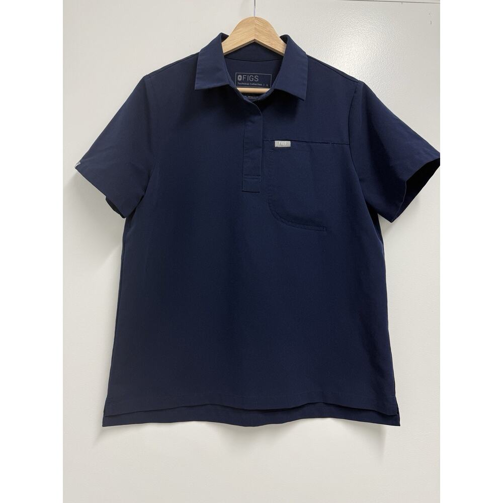 FIGS Technical Collection Women’s Scrub Polo Top Navy S Pocket Hidden Button